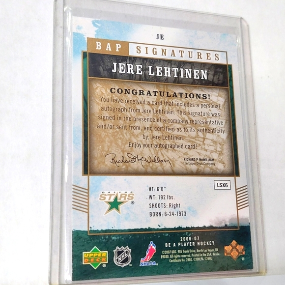 Jere Lehtinen Autograph Upper Deck Be A Player 2006/07 Dallas Stars Hockey Card - Picture 2 of 2